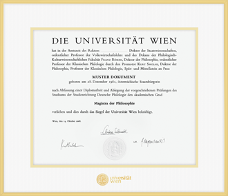 Aluminiumrahmen mit matt-goldener Lackierung mit goldgeprgtem Logo der Universitt Wien.