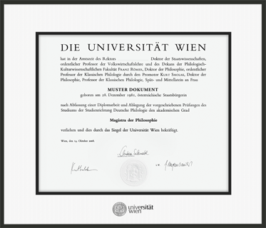 Aluminiumrahmen mit matt-schwarzer Lackierung, mit schwarzgeprägtem Logo der Universität Wien.