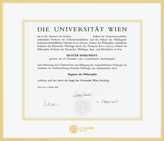 Satin gold aluminum diploma frame, with the University of Vienna logo embossed in gold.