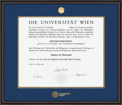 Hardwood frame, with glossy mahogany finish, blue velvet mat board and gold leaf trim, a custom minted 24k gold plated University of Vienna medallion and the University of Vienna logo embossed in gold