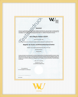 Satin gold aluminum diploma frame, with the WU logo embossed in gold.